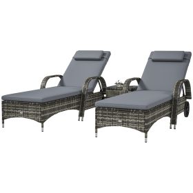 Patio Wicker Chaise Lounge Chair Set of 2 with Table, Adjustable Backrest, Wheels, Cushion & Headrest, Gray