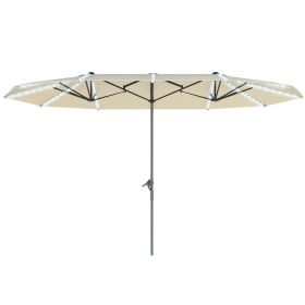 15ft Double-Sided Outdoor Umbrella with Solar Lights, UPF50+ Extra Large Aluminum Patio Umbrella with Crank, Cream White