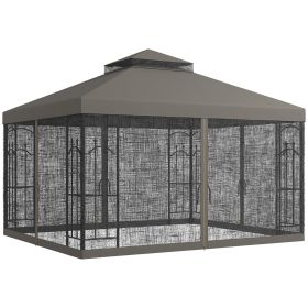 10' x 12' Patio Gazebo with Corner Frame Shelves, Double Roof Outdoor Gazebo Canopy Shelter with Netting, Gray