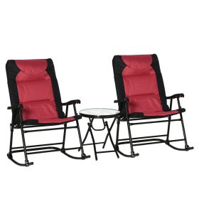3 Piece Outdoor Patio Furniture Set with Glass Coffee Table & 2 Folding Padded Rocking Chairs, Bistro Style for Porch, Camping, Balcony, Red