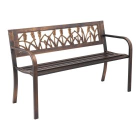 Outdoor Bench, 50 inch, Carbon Steel Metal Frame with PVC Floral Pattern Backrest and Round Edge Armrests, Weatherproof Outside Bench for Patio