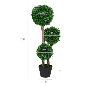 3ft Artificial Tree, Triple Ball Boxwood Topiary With Pot And Sandalwood Leaves, For Indoor Outdoor Home (Option: Green Black)